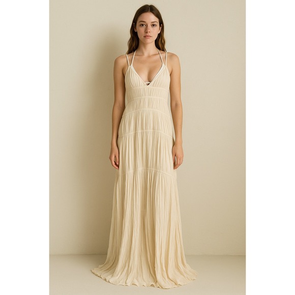 Jonathan Simkhai Dresses & Skirts - Jonathan Simkhai Loli Gown Womens 4 Off-White Cream Tiered Pleated‎ Maxi Layered